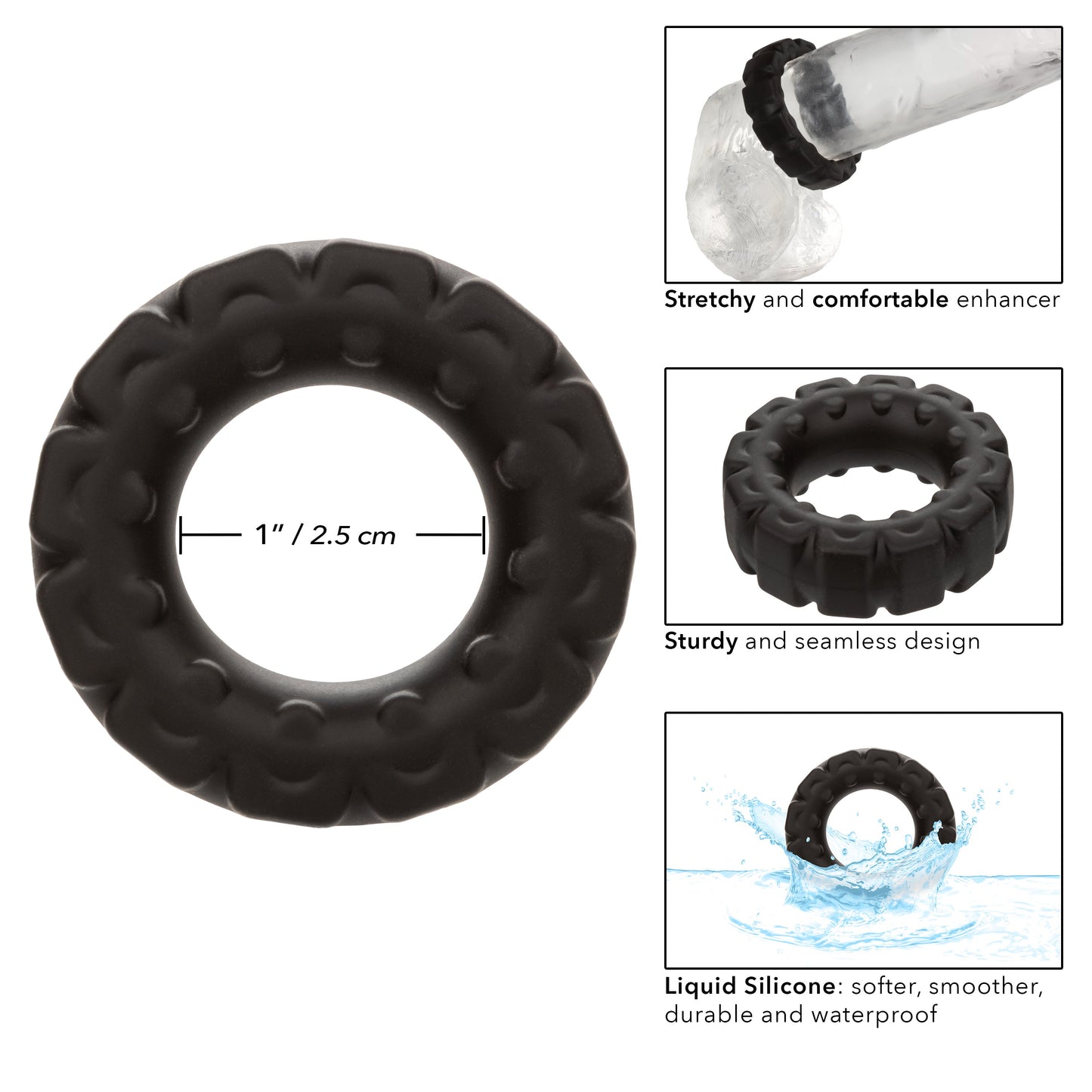 Alpha Liquid Silicone Prolong Tread Ring Black 1 Inch Diameter Stretchy Durable Waterproof