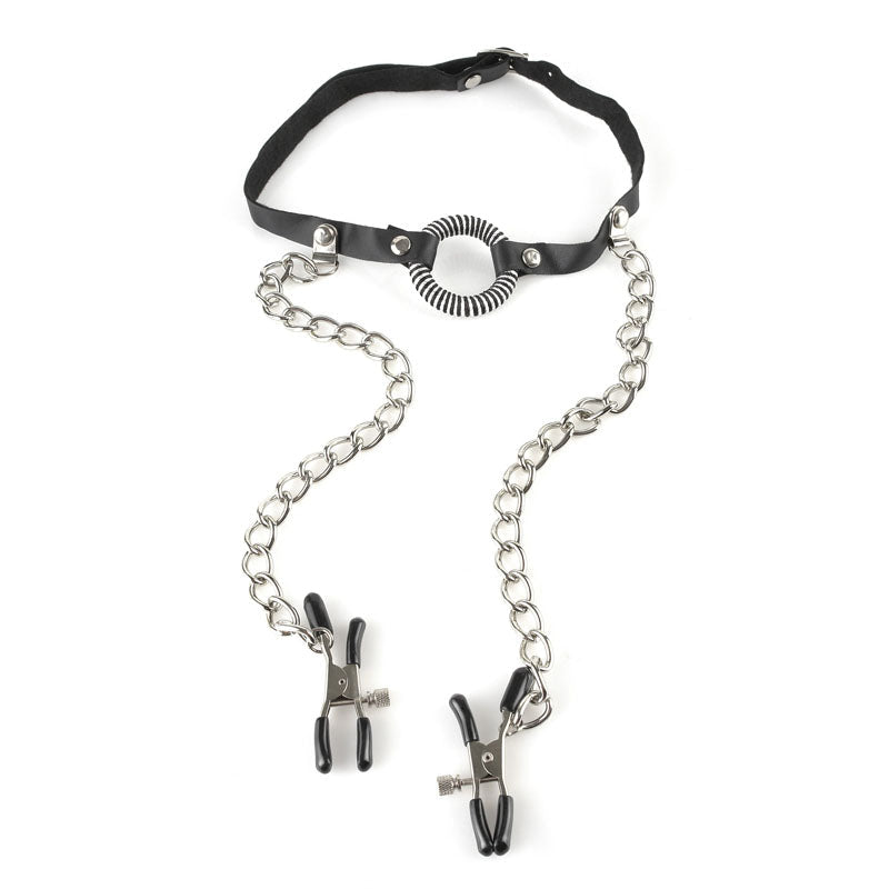 Fetish Fantasy Series O Ring Gag with Nipple Clamps Body Restraints