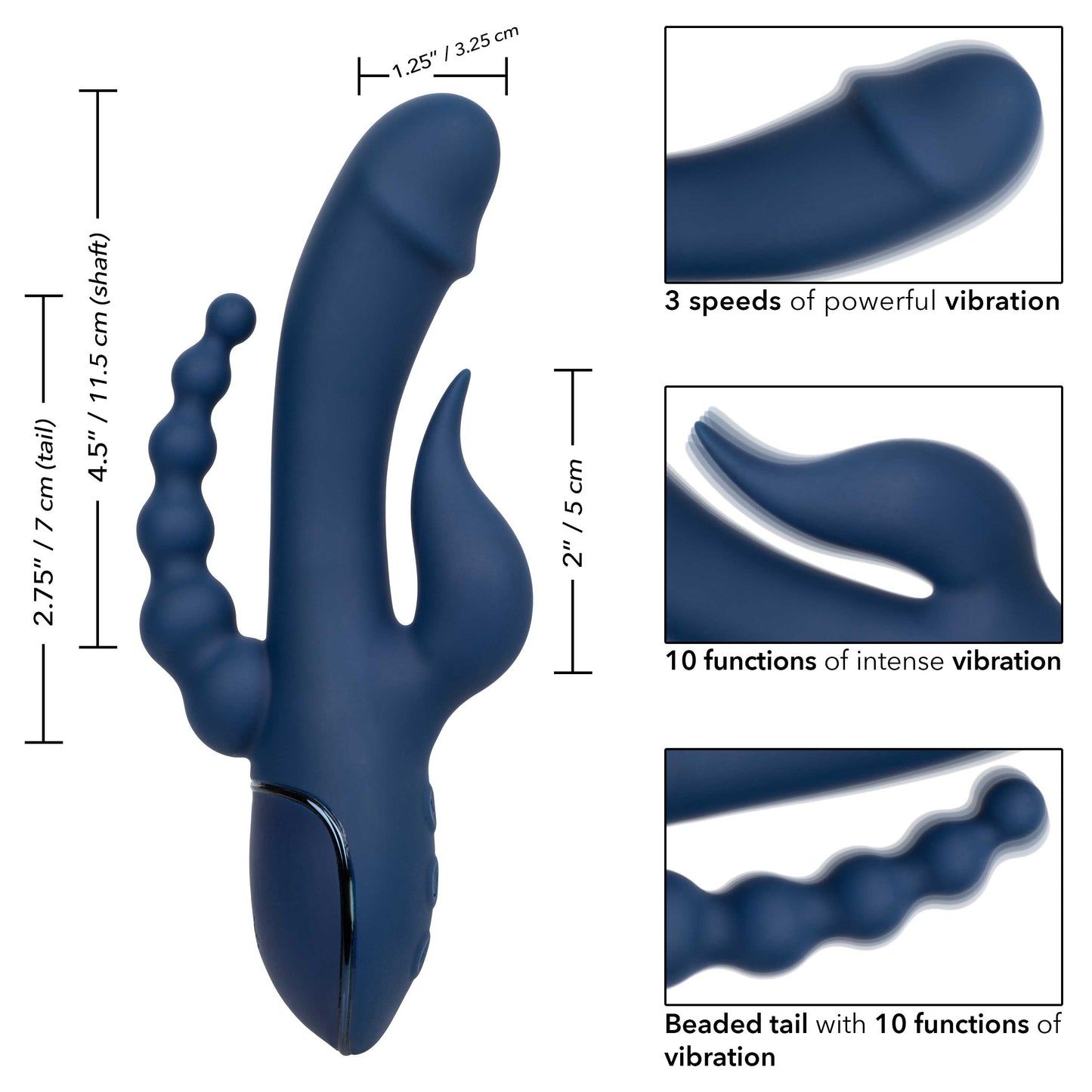 III Triple Orgasm (Blue) – Triple Action Silicone Massager with Vibrating Shaft and Beaded Tail