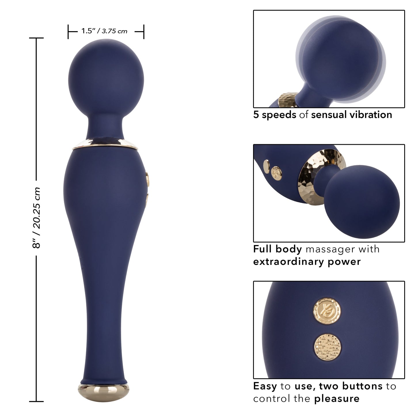 Chic Poppy Navy Blue Ultra-Plush Silicone Massager with 5 Vibration Levels and Gold Accents, Rechargeable, Waterproof