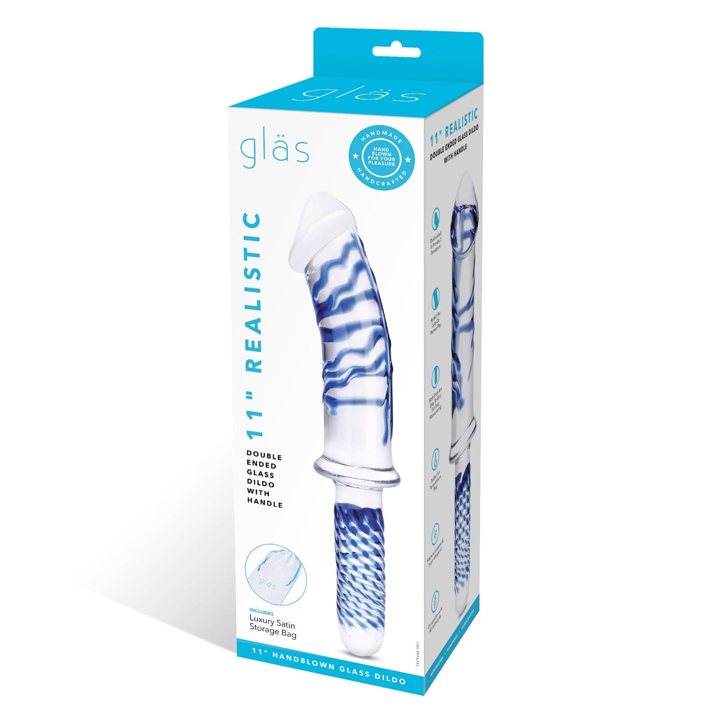 Glas 11 Inch Realistic Double Ended Blue and White Glass Dildo With Handle