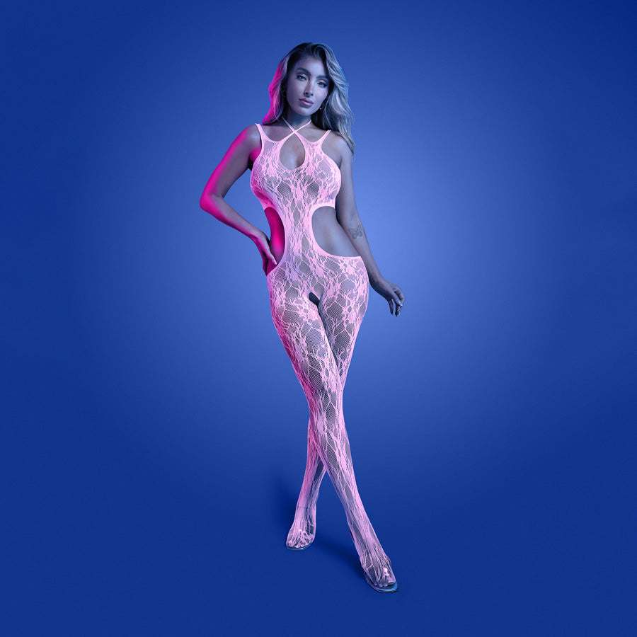 GLOW Equilibrium (White/Pink) – Glow-In-The-Dark Lace Bodystocking One Size