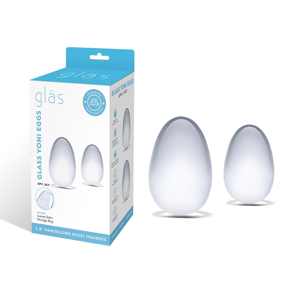 Glas Yoni Eggs 2pc Set Clear Handblown Glass Kegel Trainers with Luxury Satin Storage Bag 1.8 Inch