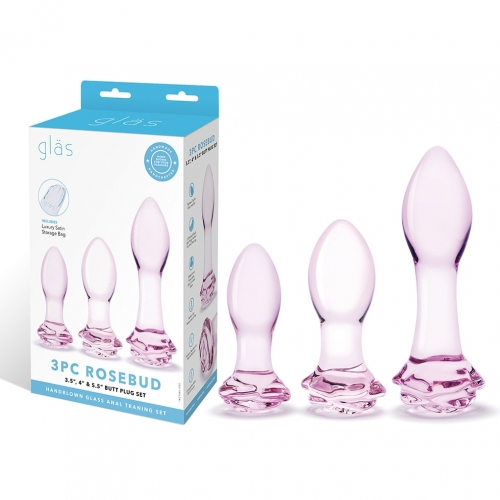 Glas 3PC Rosebud Butt Plug Set Pink Handblown Glass Anal Training Set 3.5, 4.5, and 5.5 Inches