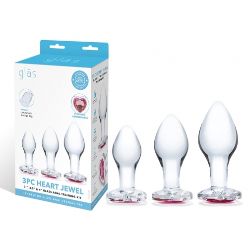 Glas 3 Inch 3.5 Inch 4 Inch 3PC Heart Jewel Clear Glass Anal Training Kit