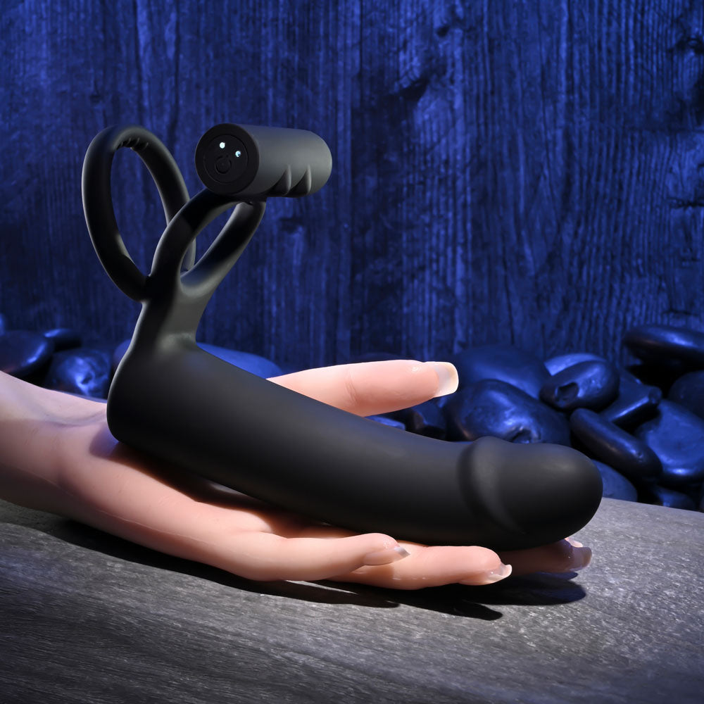 Gender X Full Swing Vibrating Cock Ring with Double Penetrator Dildo Black