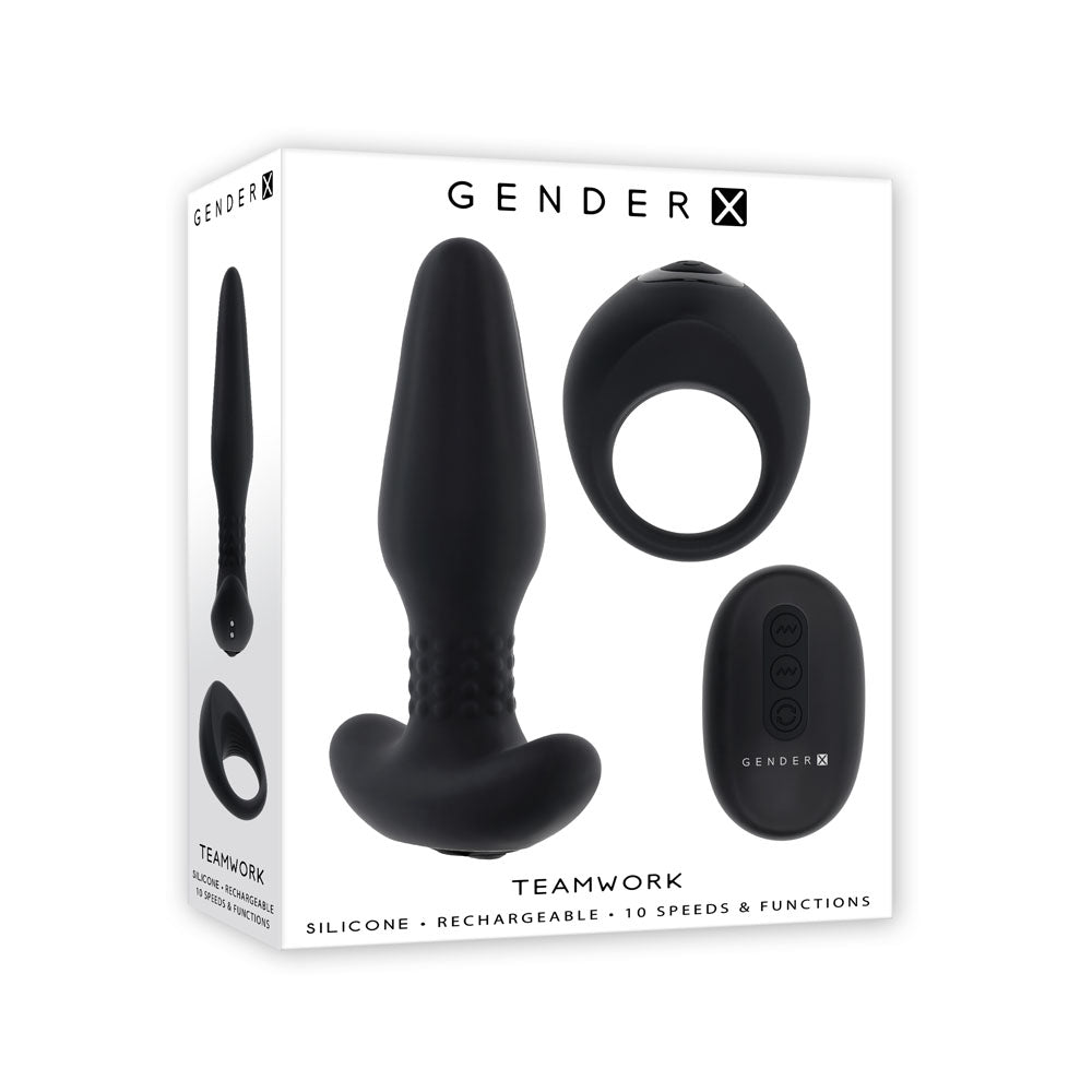 Gender X Teamwork (Black) – Remote-Controlled Vibrating Plug and Ring Set