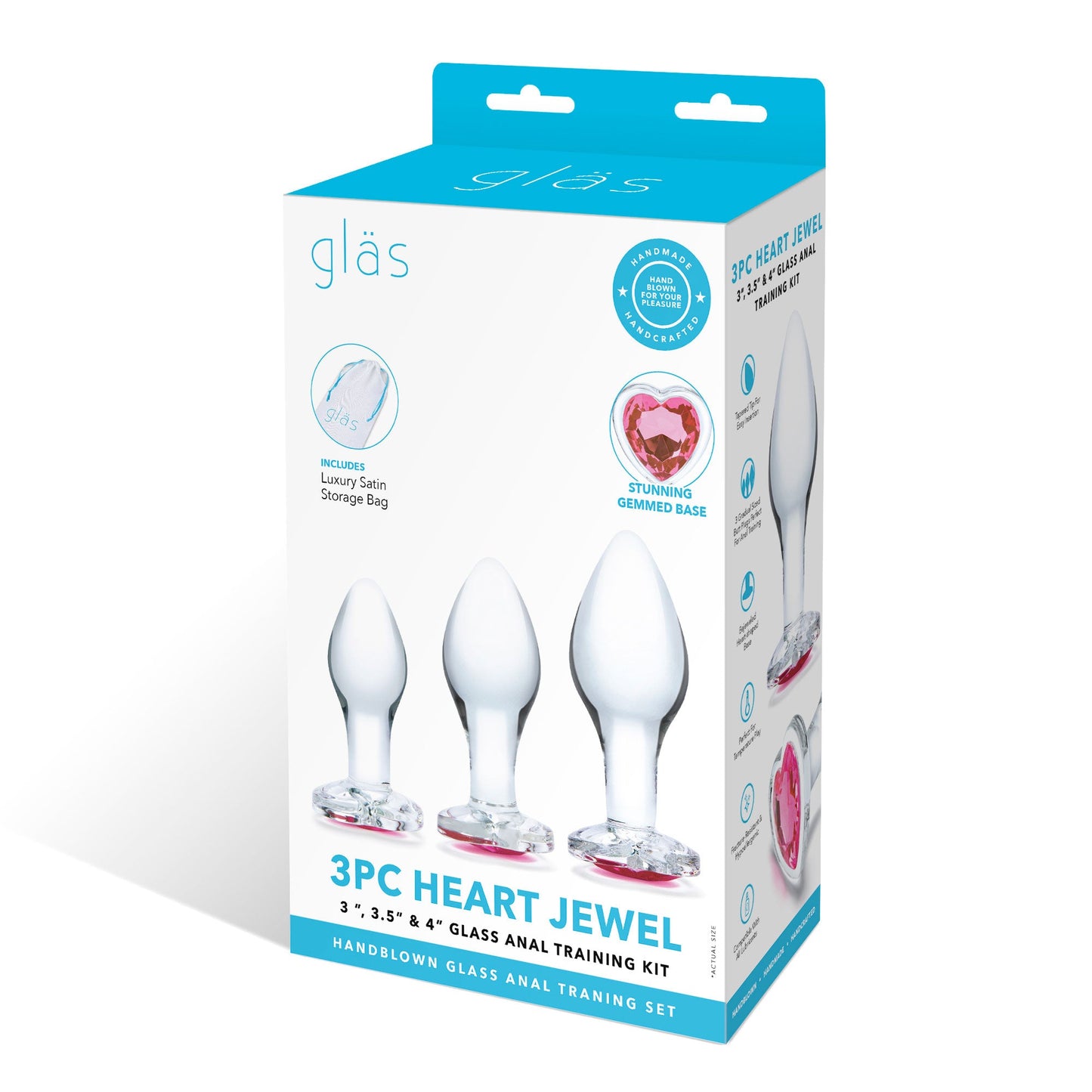 Glas 3 Inch 3.5 Inch 4 Inch 3PC Heart Jewel Clear Glass Anal Training Kit