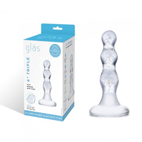 Glas 4 Inch Triple Play Beaded Clear Glass Butt Plug