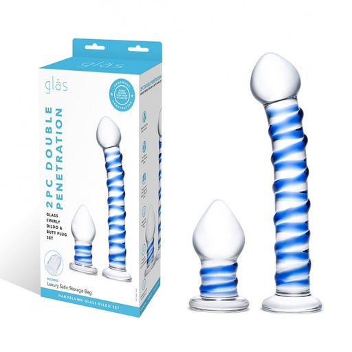 Glas 7.5 Inch and 3 Inch 2pc Double Penetration Blue and Clear Swirly Glass Dildo and Buttplug Set