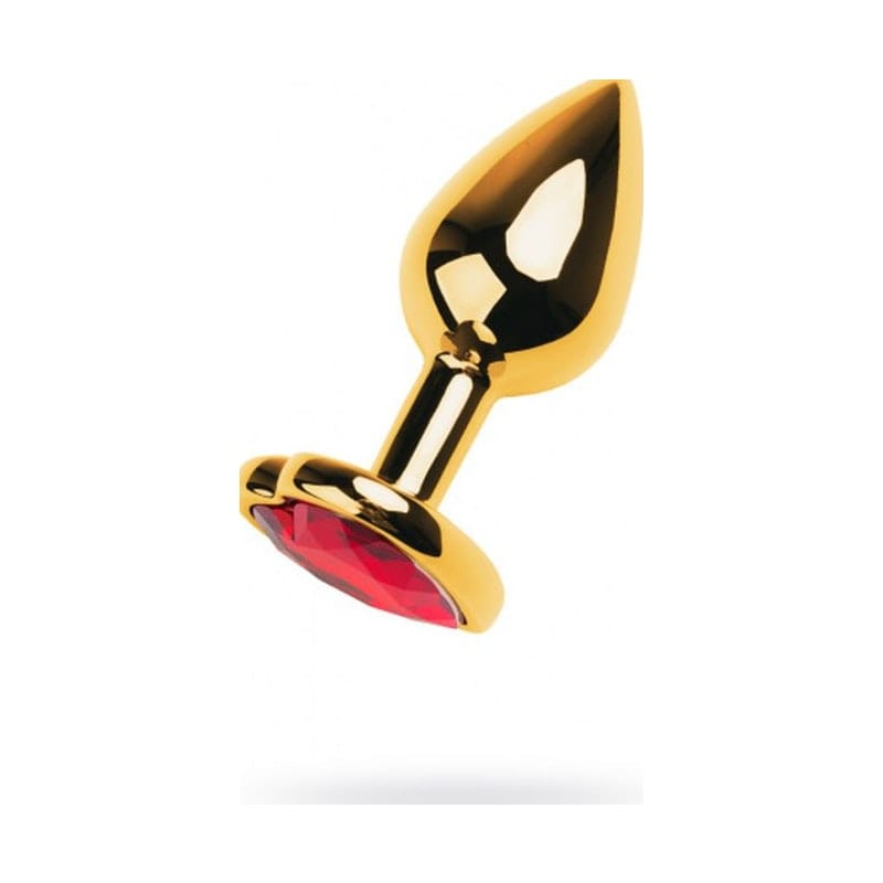 Gold Metal Anal Plug with Red Ruby Heart Crystal Small