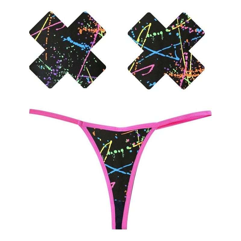 Graffiti Neon G-String and X Pastie Set for Festivals and Unique Style