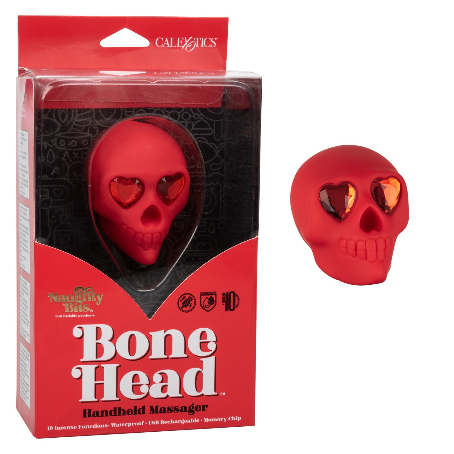 Naughty Bits Bone Head Handheld Massager Red Silicone with 10 Vibration Functions Waterproof Rechargeable