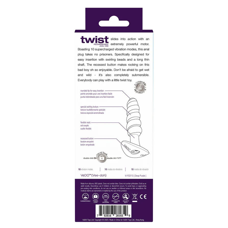 Twist Rechargeable Anal Vibe (Deep Purple) – Powerful 10 Mode Slim Anal Vibrator