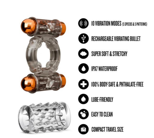 Stay Hard Vibrating Cock Ring Set With Dual Bullets Textured Sheath - Cock Ring Set