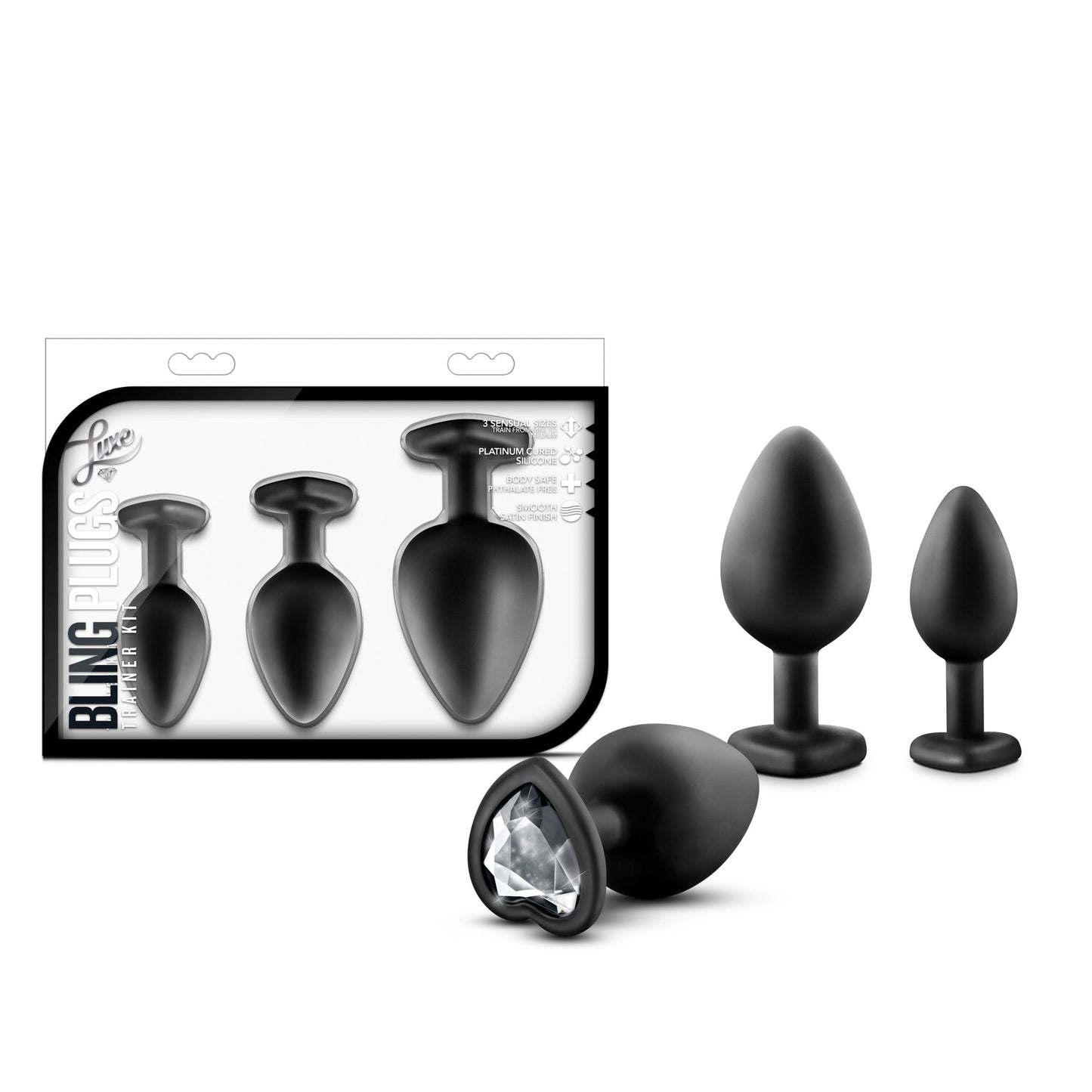Luxe Bling Plugs Training Kit Black With Clear Gems - 3 Sizes