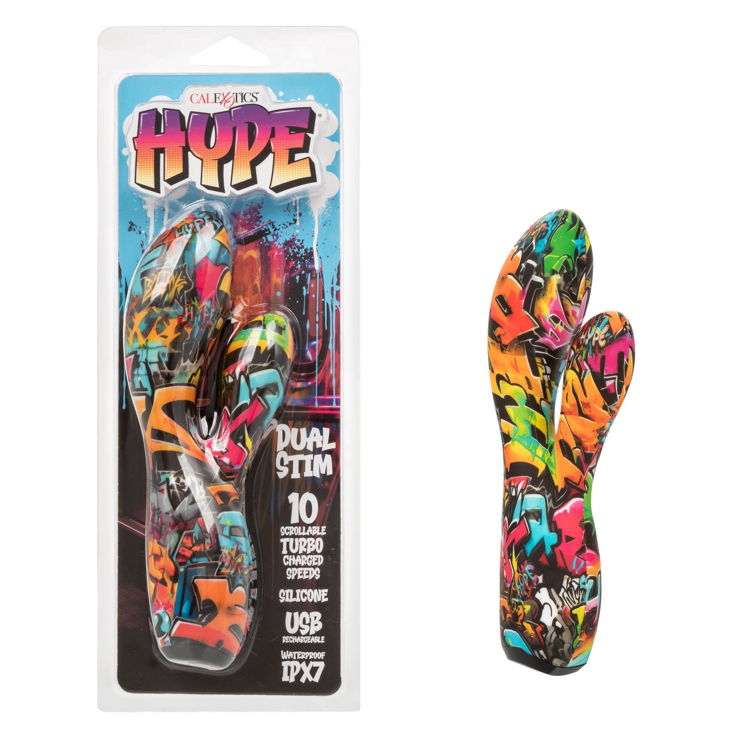 Hype Dual Stim Waterproof Silicone Massager with 10 Turbo Charged Speeds in Colorful Graffiti Design