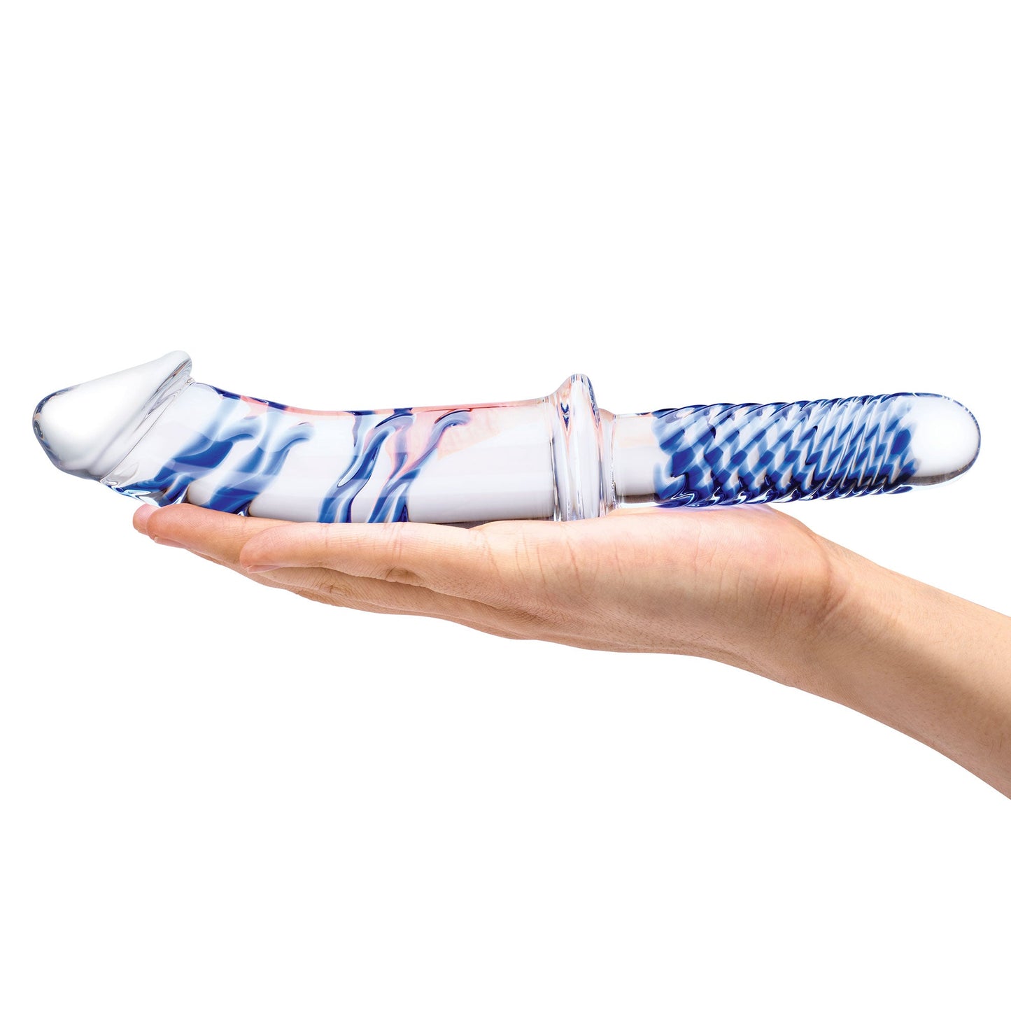 Glas 11 Inch Realistic Double Ended Blue and White Glass Dildo With Handle