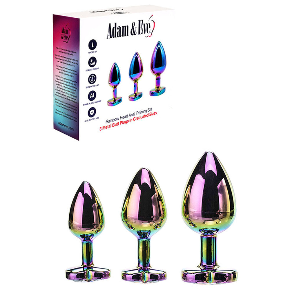 Adam & Eve Rainbow Heart Gem Anal Training Set (Multicolored) – Metal Anal Plugs Set of Three Sizes