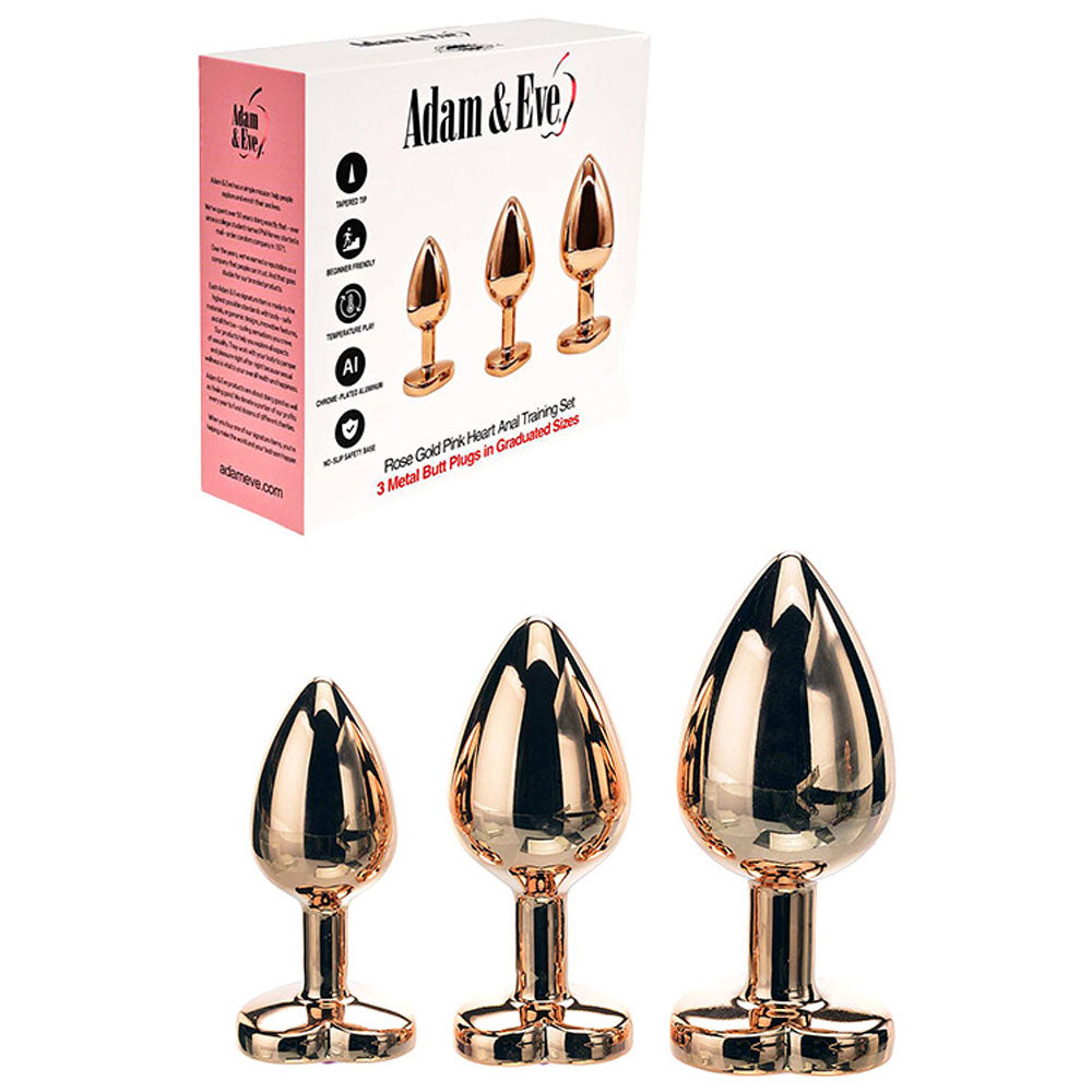 Adam & Eve Heart Gem Anal Training Set (Rose Gold Pink) – Metal Anal Plug Set of 3 Sizes