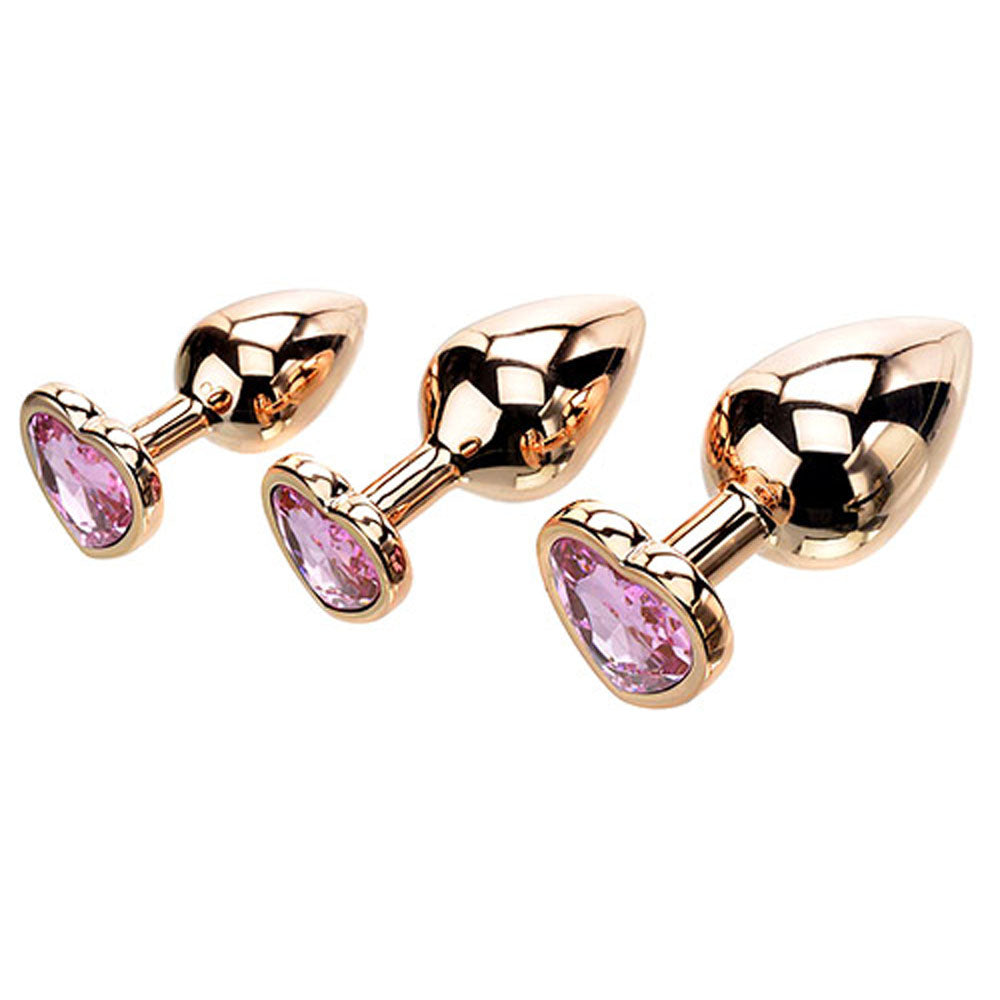 Adam & Eve Heart Gem Anal Training Set (Rose Gold Pink) – Metal Anal Plug Set of 3 Sizes