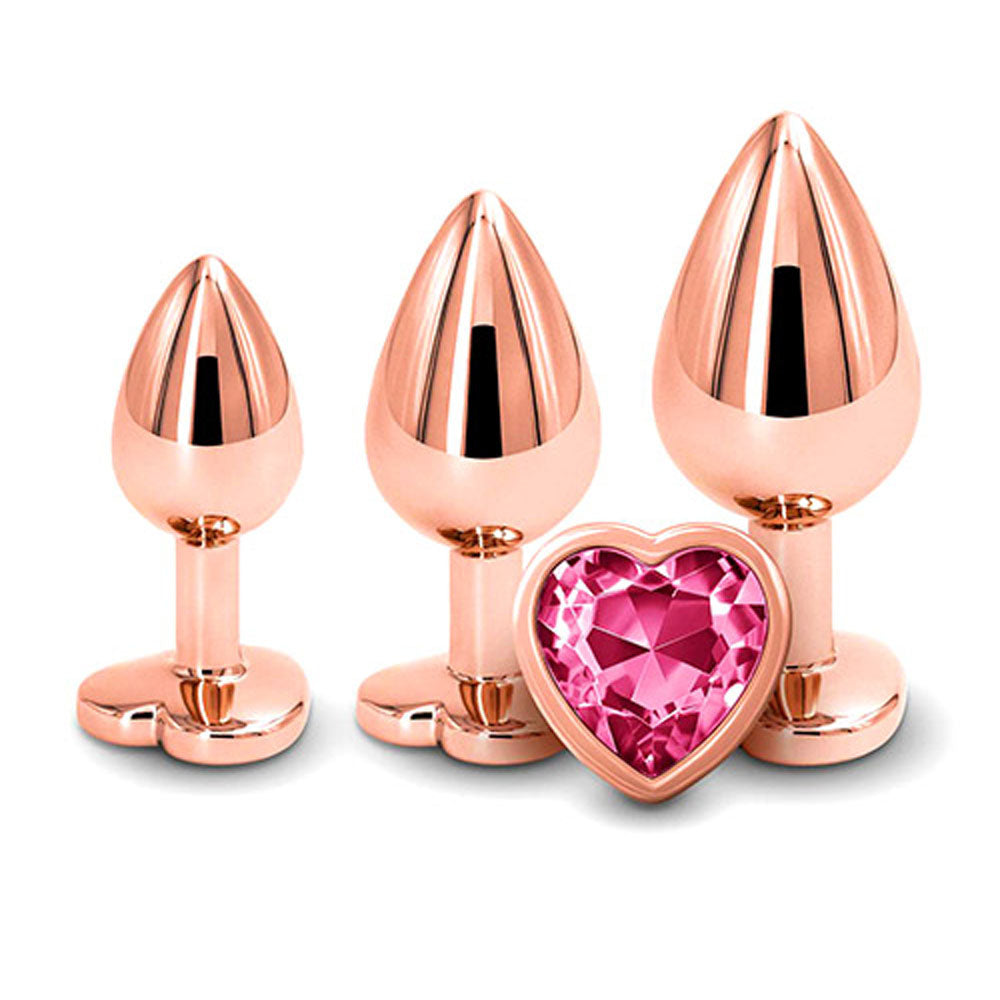 Adam & Eve Heart Gem Anal Training Set (Rose Gold Pink) – Metal Anal Plug Set of 3 Sizes