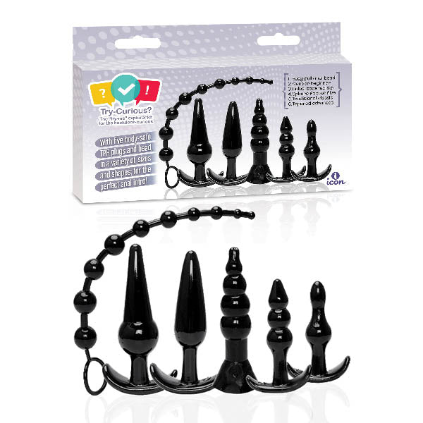 Try-Curious Anal Plug Kit (Black) – Set of 6 Body-Safe Anal Plugs