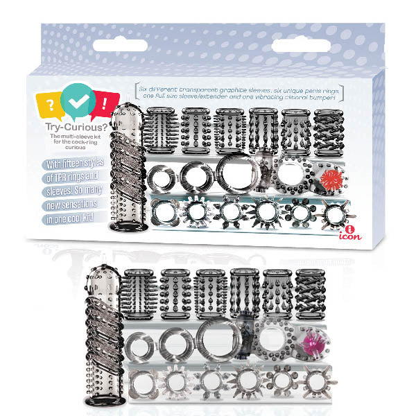 Try-Curious Cock Ring and Sleeve Set Clear – 15 Piece TPR Cock Ring and Sleeve Kit
