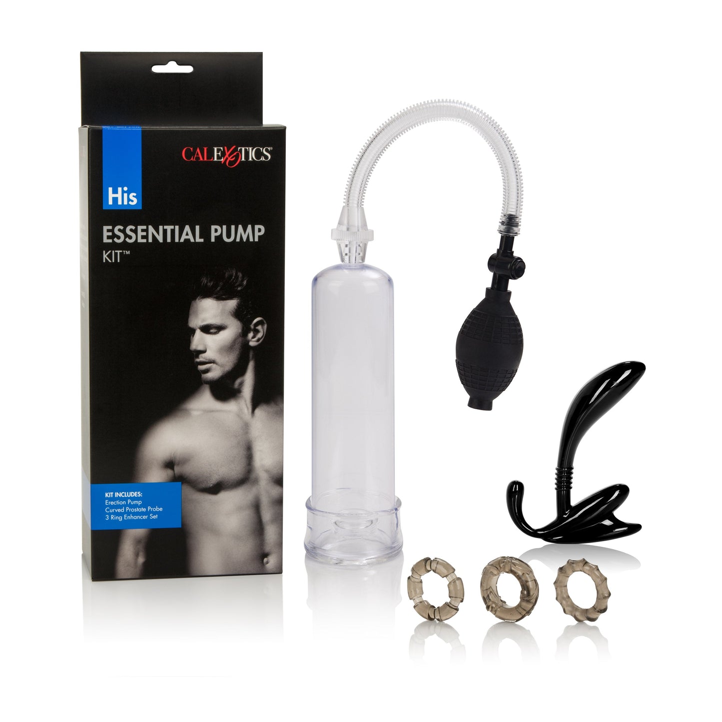 His Essential Pump Kit – Penis Pump with Prostate Probe and Stretchy Rings Set
