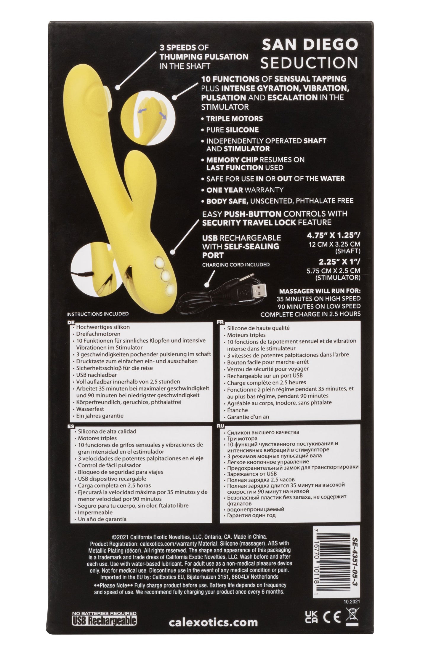 California Dreaming San Diego Seduction Yellow Silicone Dual-Action Massager with Triple Motors and 10 Functions