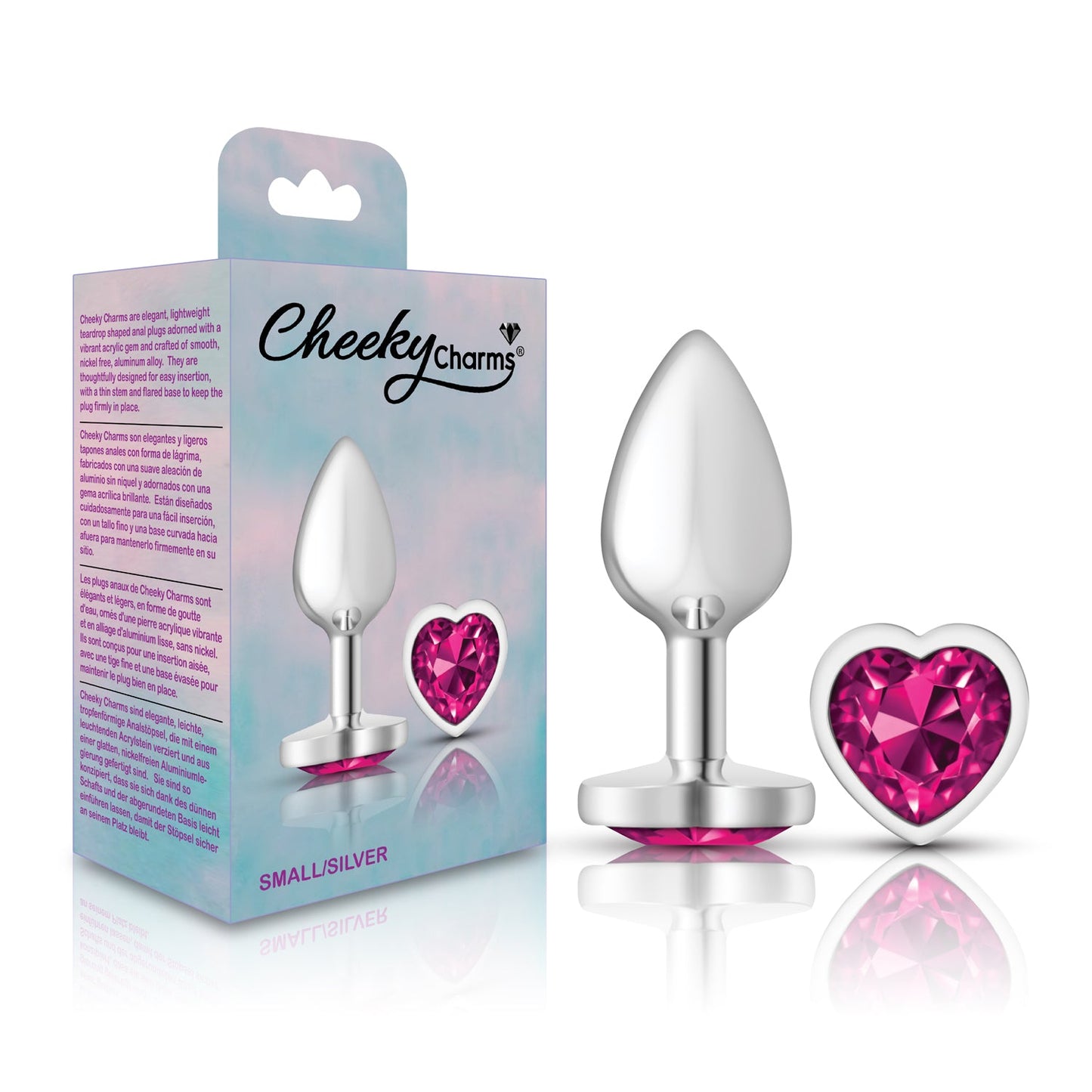 Cheeky Charms Silver Metal Butt Plug with Heart Pink Jewel Small
