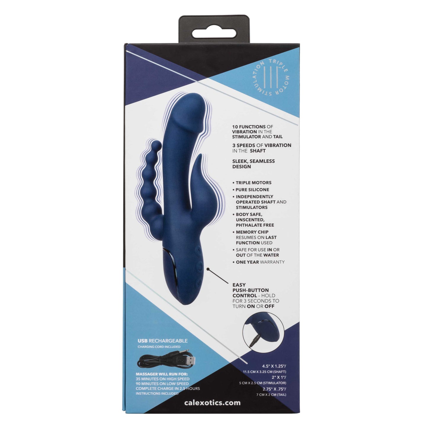 III Triple Orgasm (Blue) – Triple Action Silicone Massager with Vibrating Shaft and Beaded Tail