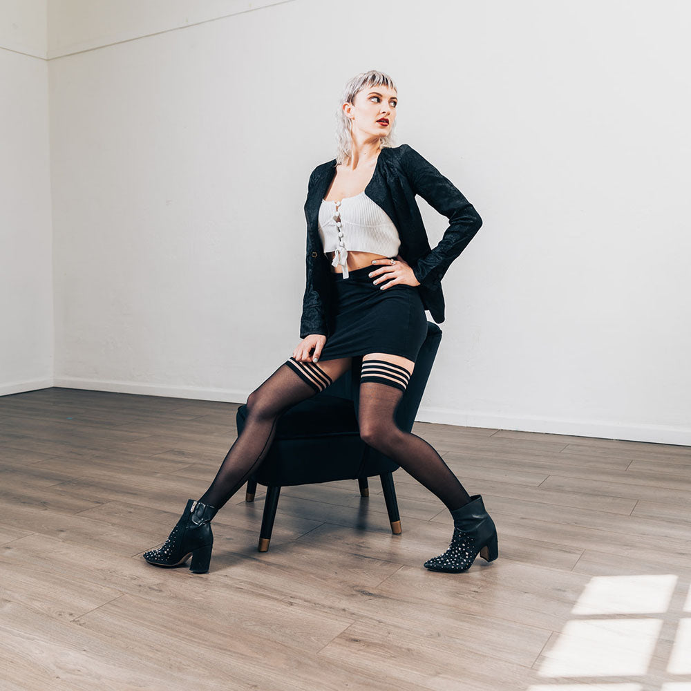 Kixies Lois With Back Seam Thigh Highs (Black) – Sheer Stockings