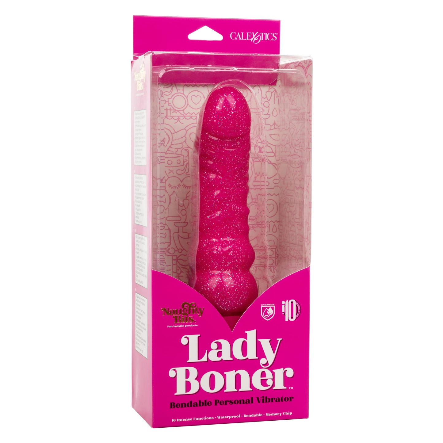 Naughty Bits Lady Boner Bendable Personal Vibrator Pink Glitter 10 Function Waterproof