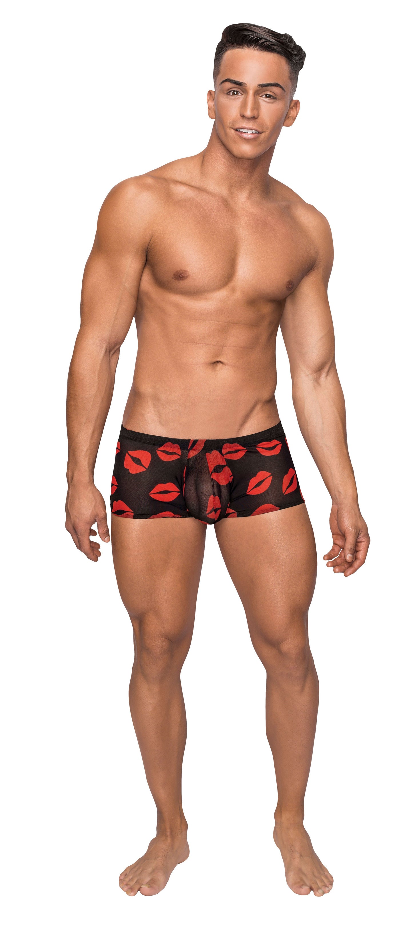 Kiss Me Sheer Black Mini Shorts With Kiss Print For Men - Small