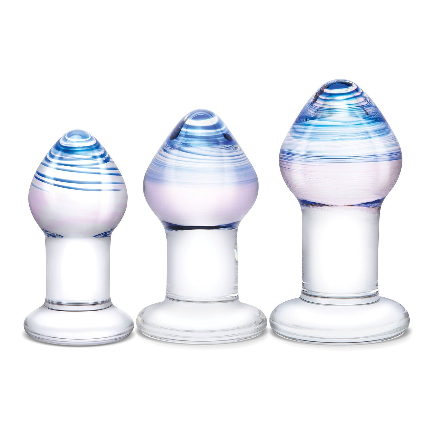 Glas Pleasure Droplets (Blue and White Swirl) – 3-Piece Glass Anal Training Kit