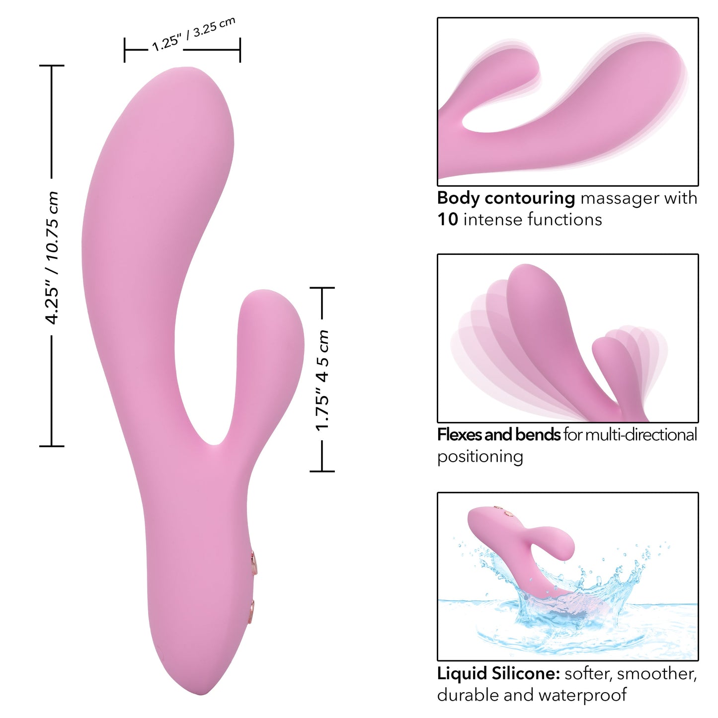 Contour Zoie Pink Flexible Dual Massager with 10 Vibration Functions and Silicone Design