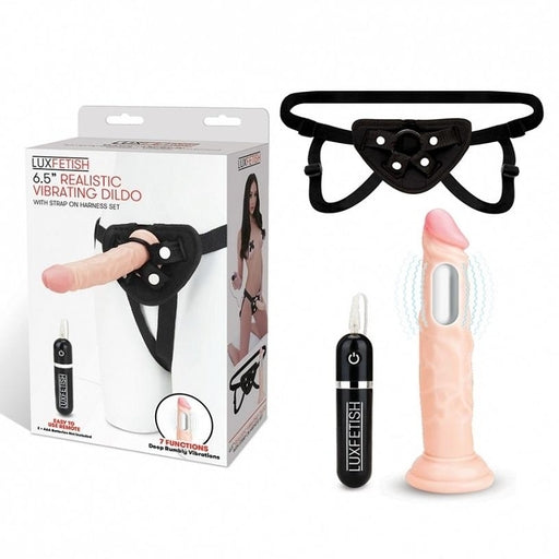 Lux Fetish 6.5 Inch Realistic Flesh Vibrating Dildo with Black Adjustable Strap-on Harness