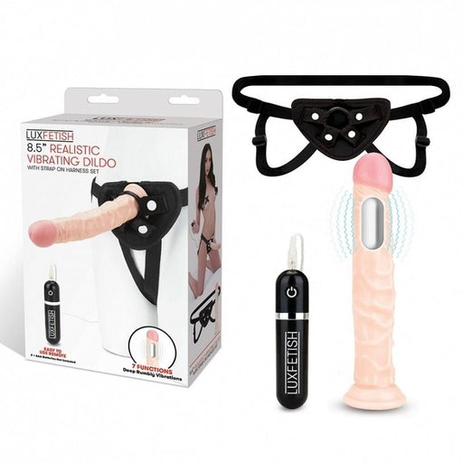 Lux Fetish 8.5 Inch Realistic Vibrating Dildo and Black Strap-On Harness Set