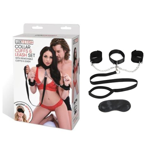 Lux Fetish Collar Cuffs and Leash Set with Removable Soft Plush Lined Cuffs and Adjustable Collar in Black