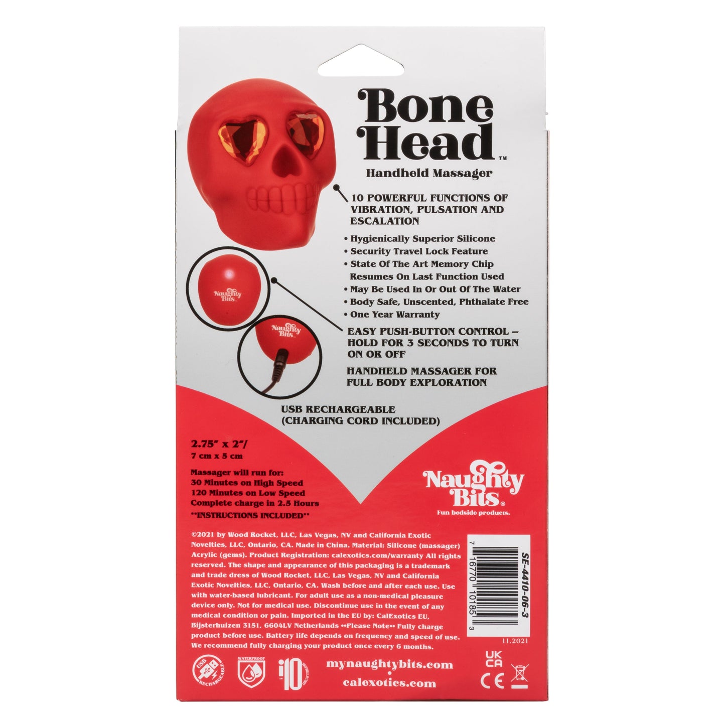 Naughty Bits Bone Head Handheld Massager Red Silicone with 10 Vibration Functions Waterproof Rechargeable