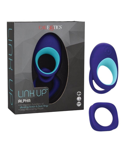 Link Up Alpha Vibrating Couples Enhancer Ring Two-Piece Set Blue and Turquoise Waterproof Silicone
