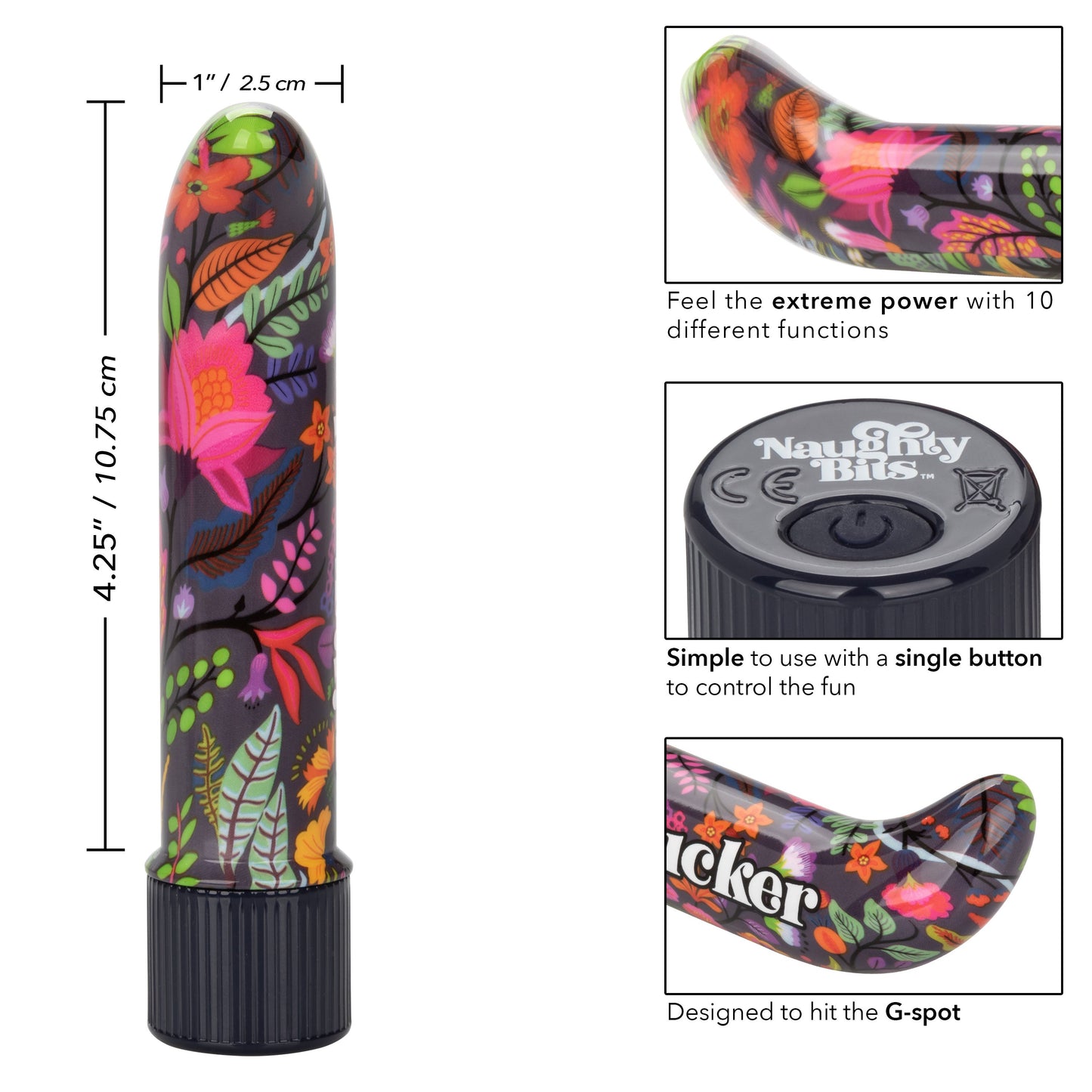 Naughty Bits Lil' Fucker Mini G-Spot Vibrator 4.25 Inch Waterproof with Floral Design