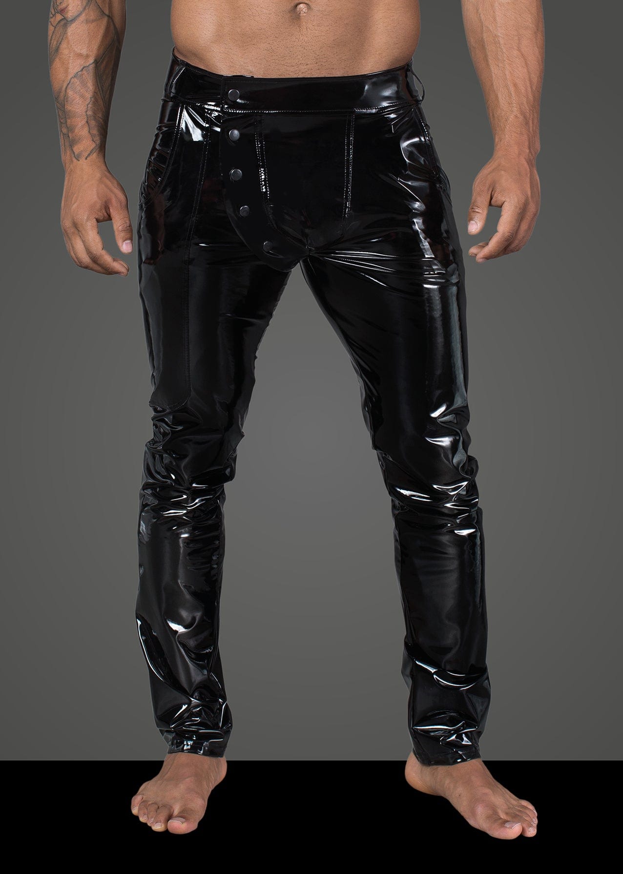 Long Black Elastic PVC Pants for Men with Front Snaps
