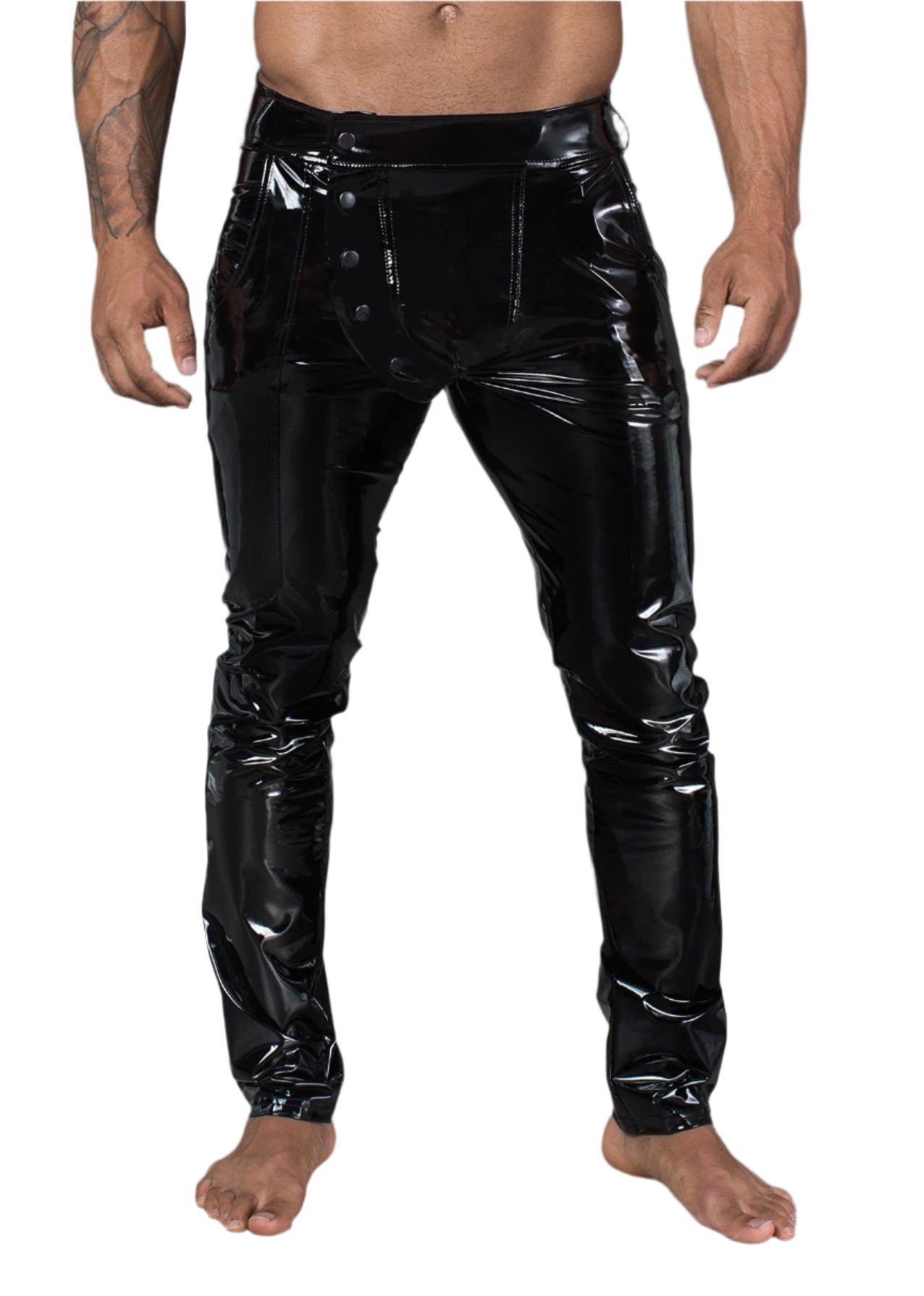 Long Black Elastic PVC Pants for Men with Front Snaps