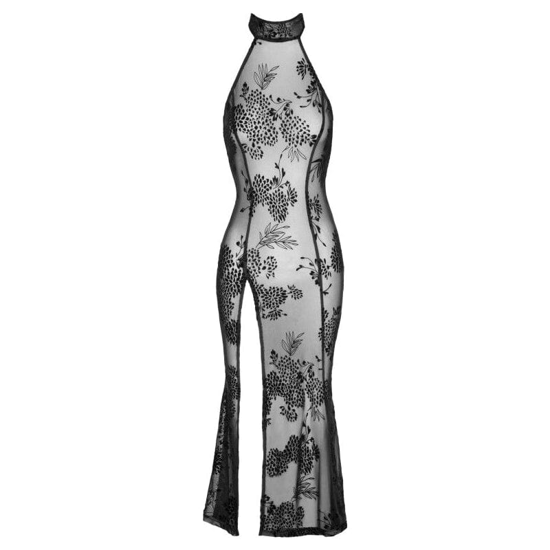 Long Tulle Dress with Intricate Flock Embroidery for Seductive Elegance