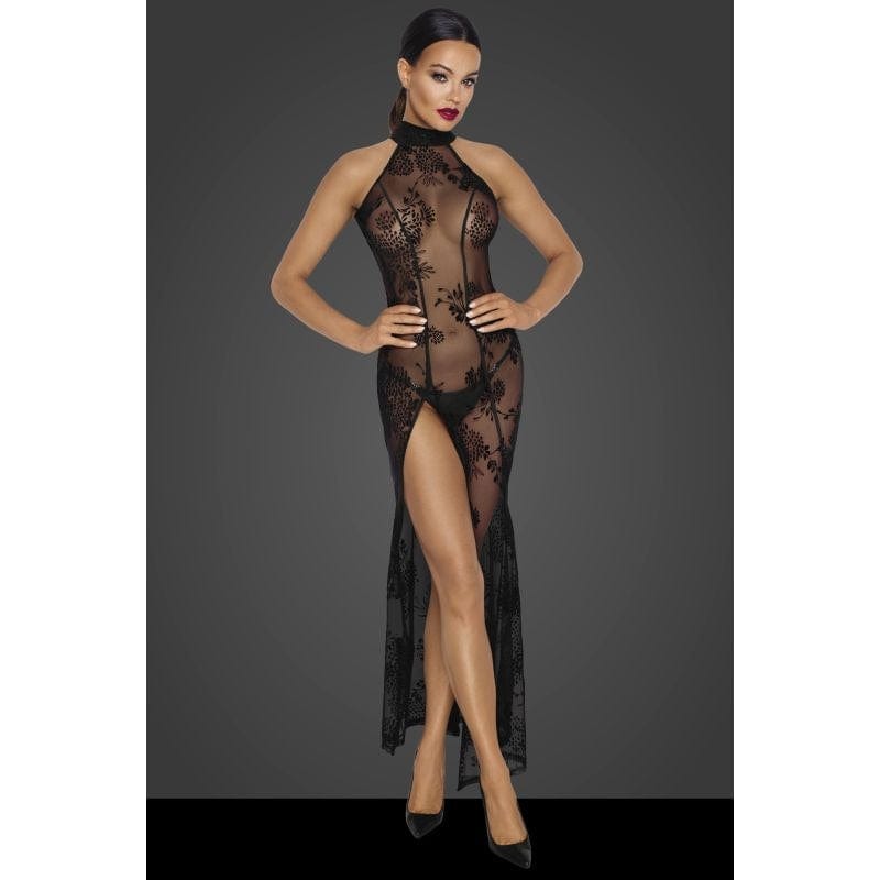 Long Tulle Dress with Intricate Flock Embroidery for Seductive Elegance