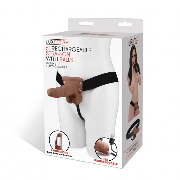 Lux Fetish 6 Inch Strap-On With Balls Brown Realistic Vibrating Harness