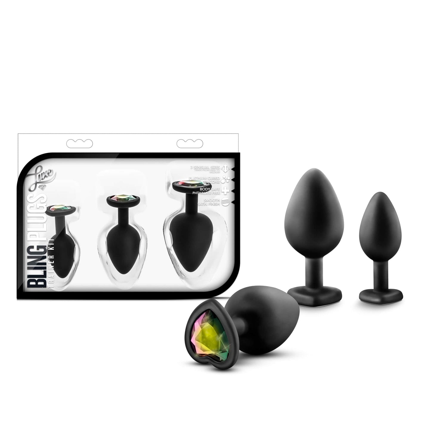 Luxe Bling Plugs Training Kit Black With Rainbow Gems 3 Sizes