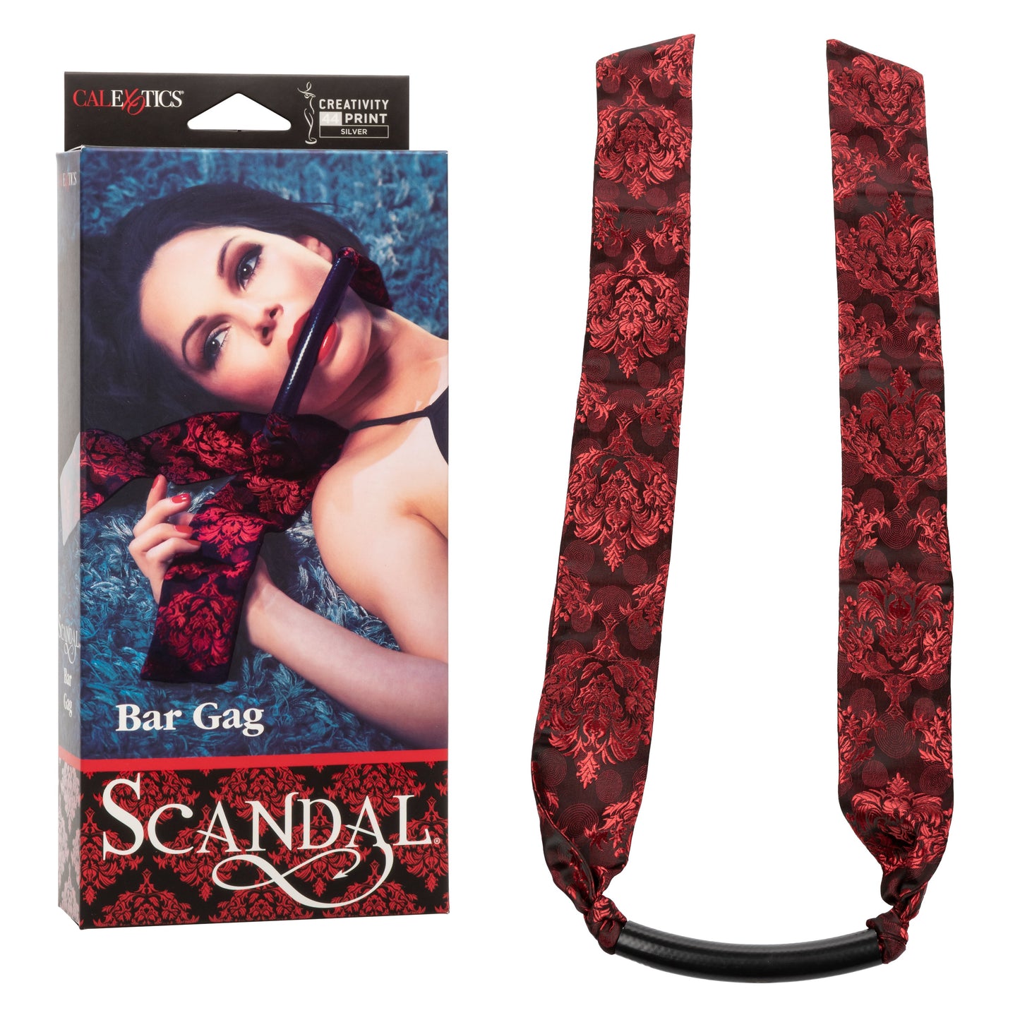 Scandal Bar Gag with Black PVC Plastic Bar and Red Black Brocade Double-Padded Strap